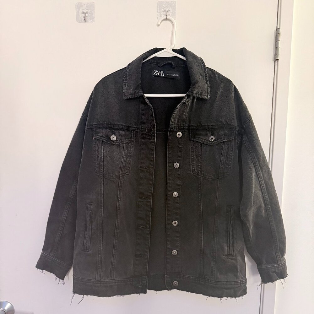 ZARA Black Denim Jacket – Oversized Long Denim Coat – Size M